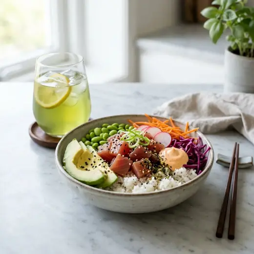 Valmis poké bowl tonnikalalla tarjoiltuna herkullisesti kotikeittiön tapaan