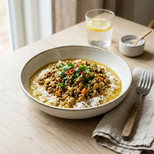 Valmis porsaan jauheliha curryssa tarjoiltuna herkullisesti kotikeittiön tapaan