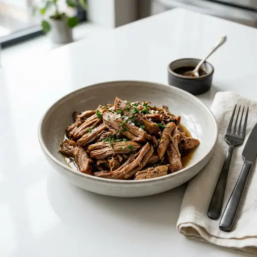 Valmis pulled duck tarjoiltuna herkullisesti kotikeittiön tapaan