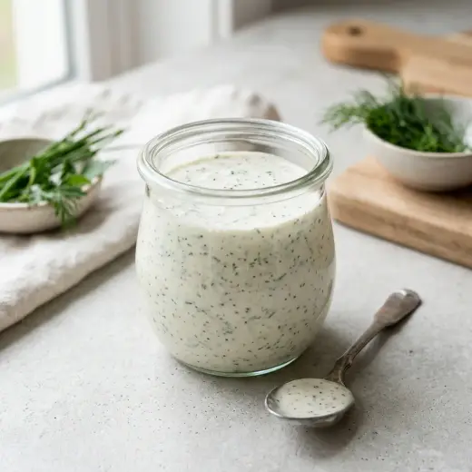Kulhollinen ranch-kastike valmiina tarjoiltavaksi maukkaana lisukkeena