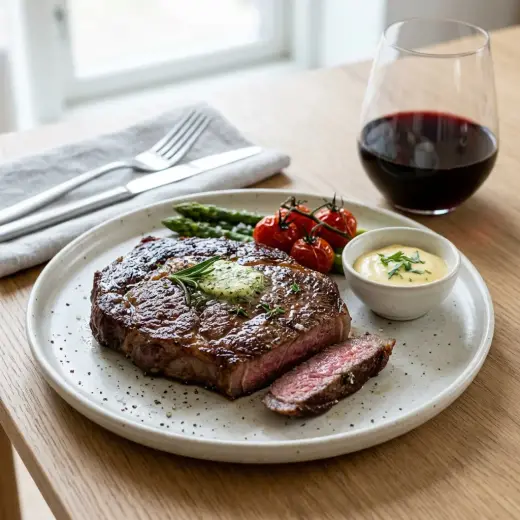 Valmis ribeye pannulla tarjoiltuna herkullisesti kotikeittiön tapaan