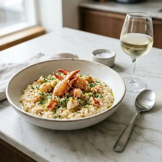 Valmis risotto keisarihummerilla tarjoiltuna herkullisesti kotikeittiön tapaan