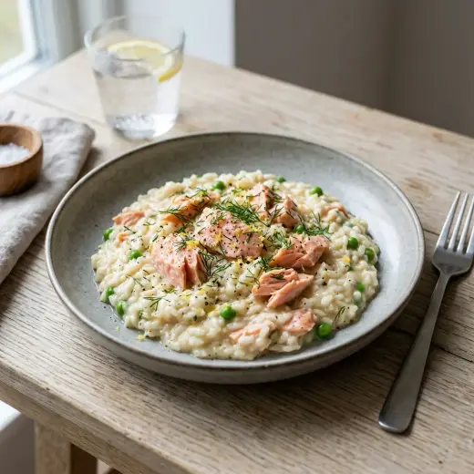 Valmis risotto lohella tarjoiltuna herkullisesti kotikeittiön tapaan