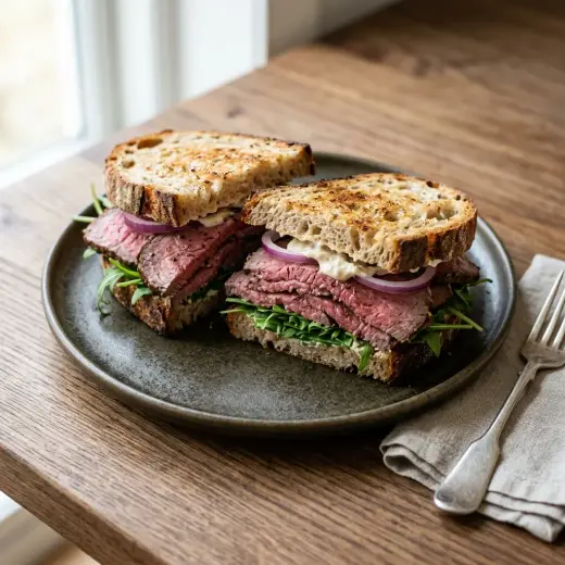 Valmis roastbeef sandwich tarjoiltuna herkullisesti kotikeittiön tapaan