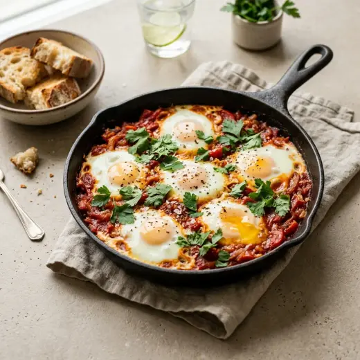 Valmis shakshuka tarjoiltuna herkullisesti kotikeittiön tapaan