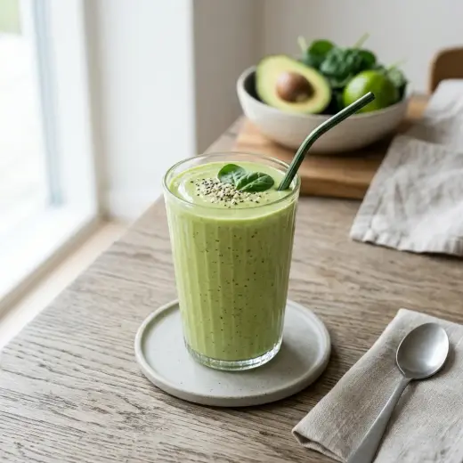 Lasillinen smoothie avokadolla tarjoiltuna raikkaana ja houkuttelevana