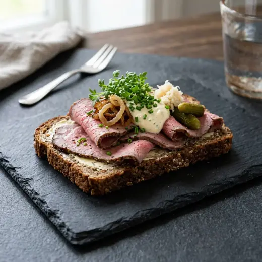 Valmis smørrebrød roastbeefillä tarjoiltuna herkullisesti kotikeittiön tapaan