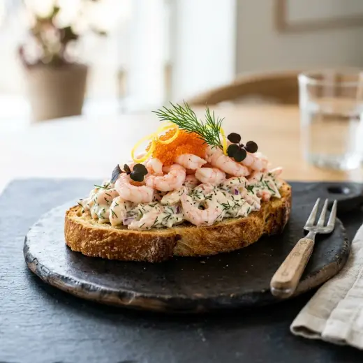 Valmis toast Skagen äyriäisillä tarjoiltuna herkullisesti kotikeittiön tapaan
