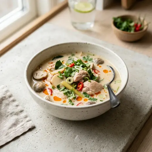 Valmis tom kha gai kanalla tarjoiltuna herkullisesti kotikeittiön tapaan