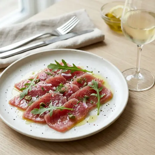 Valmis tonnikalacarpaccio tarjoiltuna herkullisesti kotikeittiön tapaan