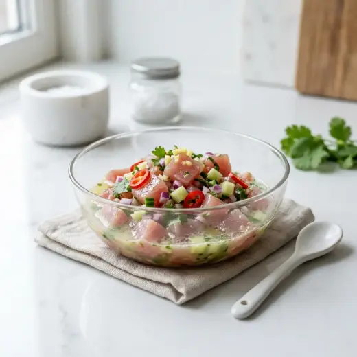 Valmis tonnikalaceviche tarjoiltuna herkullisesti kotikeittiön tapaan