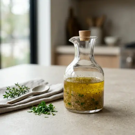 Kulhollinen vinaigrette valmiina tarjoiltavaksi maukkaana lisukkeena