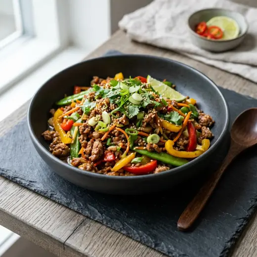 Valmis wok porsaan jauhelihalla tarjoiltuna herkullisesti kotikeittiön tapaan