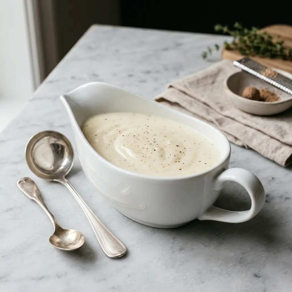 Kulhollinen béchamelkastike valmiina tarjoiltavaksi maukkaana lisukkeena