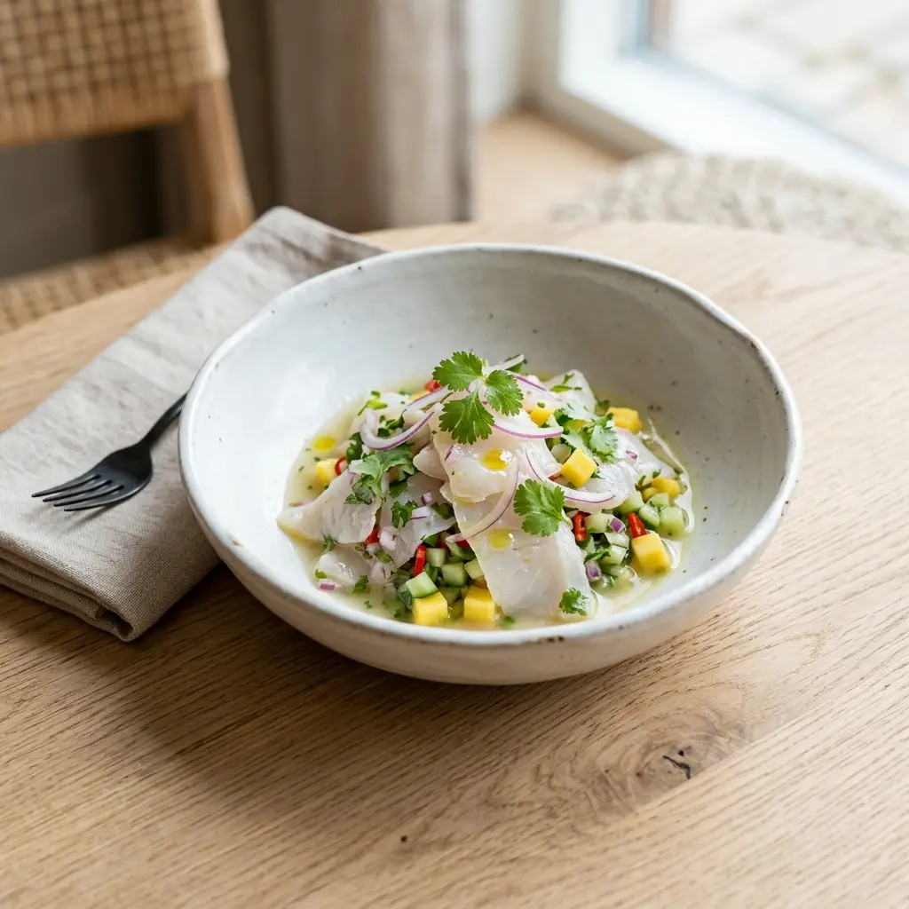 Valmis ceviche kampelakalasta tarjoiltuna herkullisesti kotikeittiön tapaan