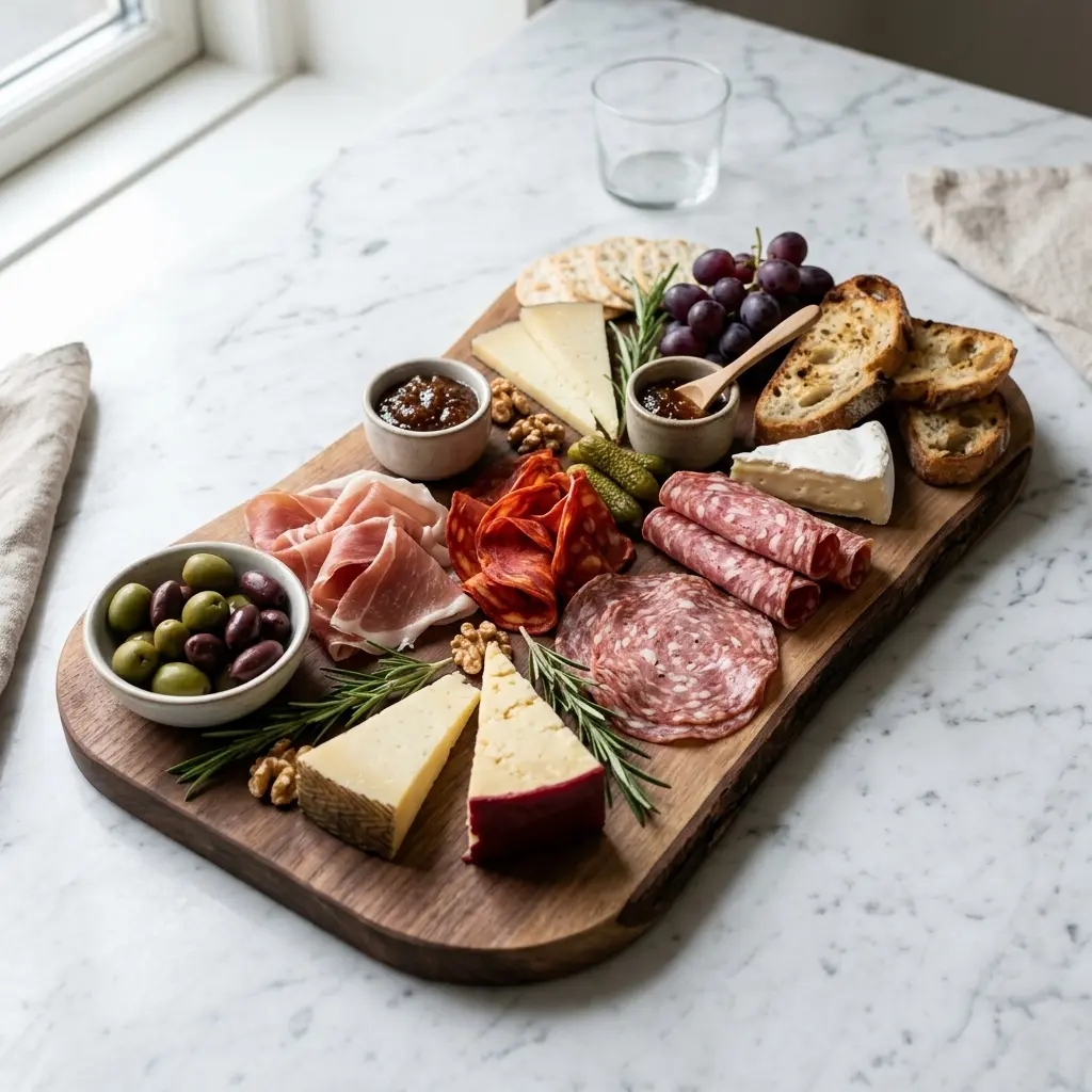 Valmis charcuterie tarjoiltuna herkullisesti kotikeittiön tapaan