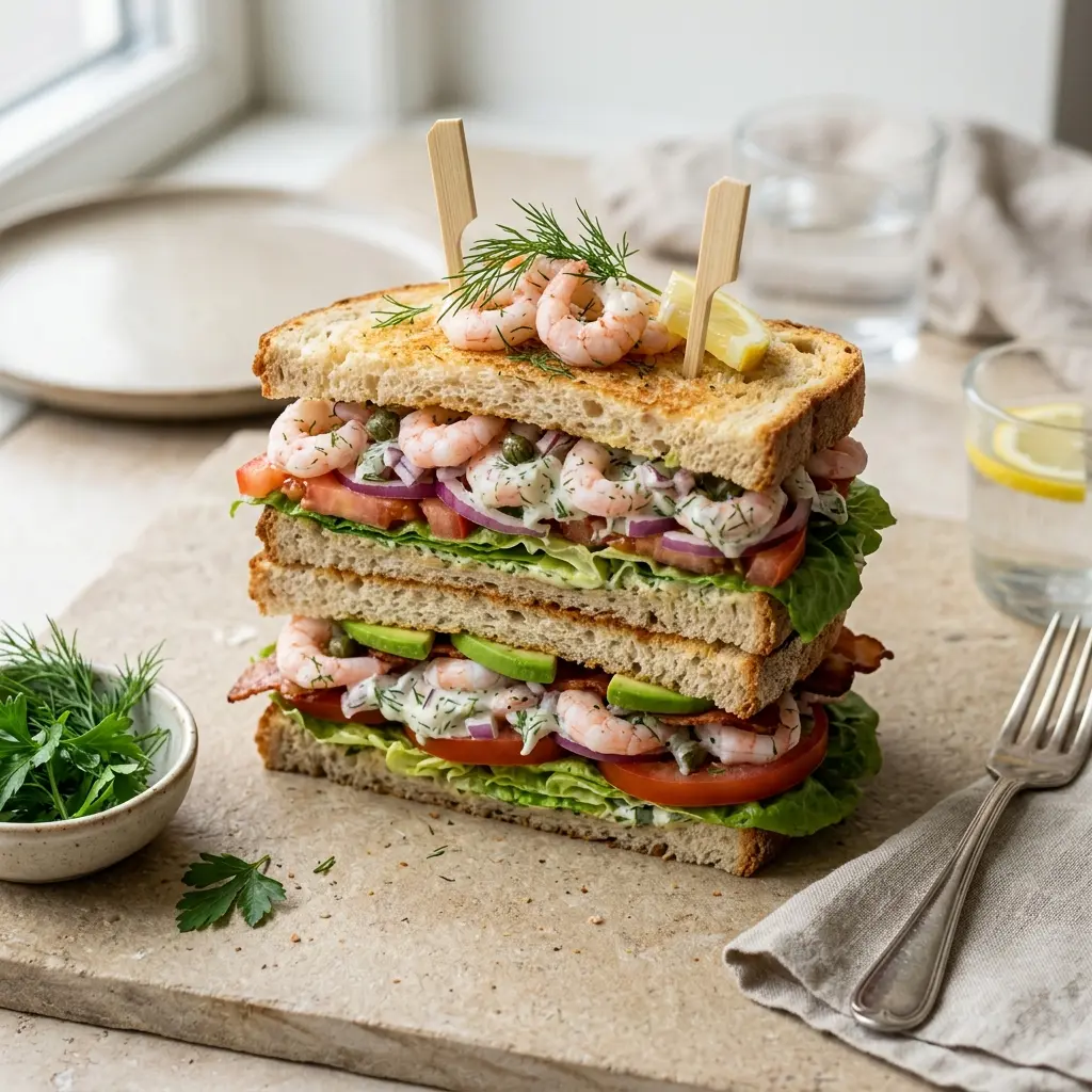 Valmis club sandwich katkaravuilla tarjoiltuna herkullisesti kotikeittiön tapaan