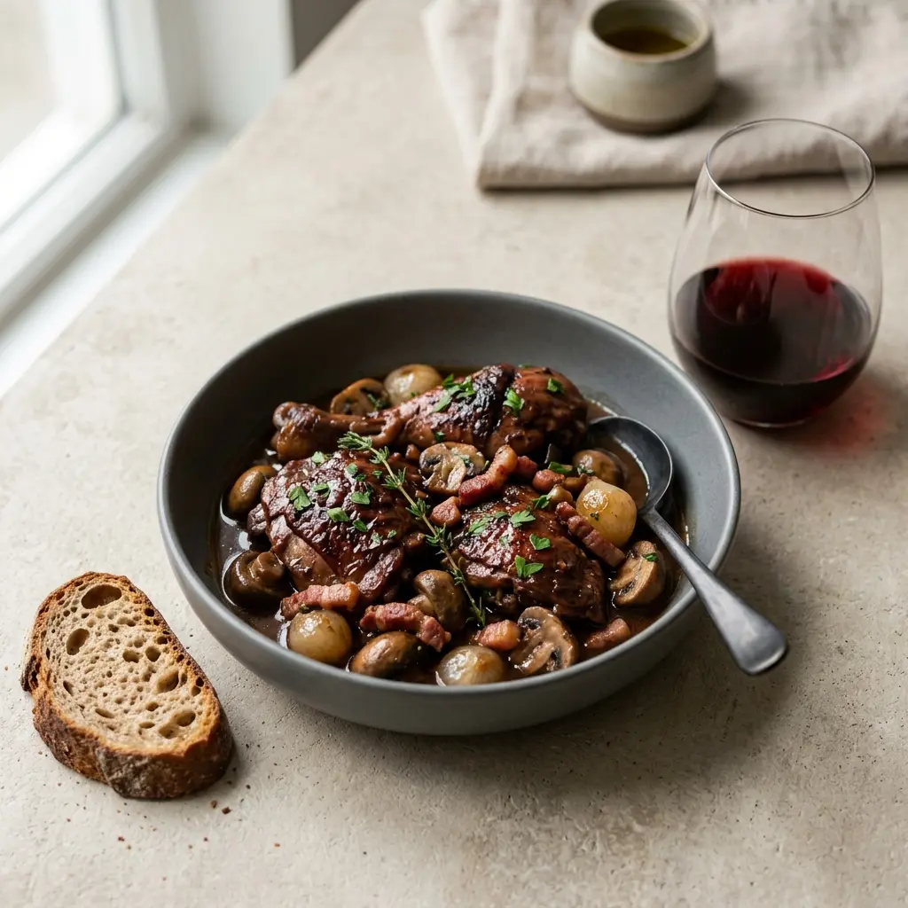 Valmis coq au vin tarjoiltuna herkullisesti kotikeittiön tapaan