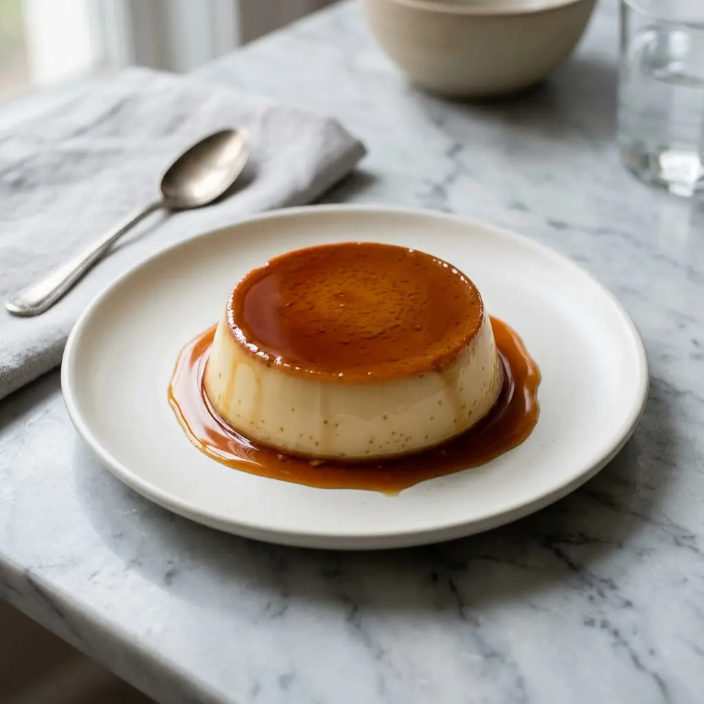 Valmis crème caramel tarjoiltuna herkullisesti kotikeittiön tapaan