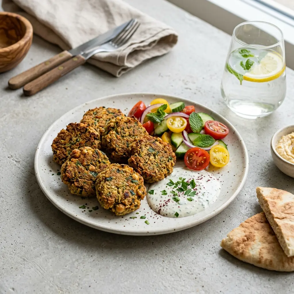 Valmis falafel uunissa tarjoiltuna herkullisesti kotikeittiön tapaan