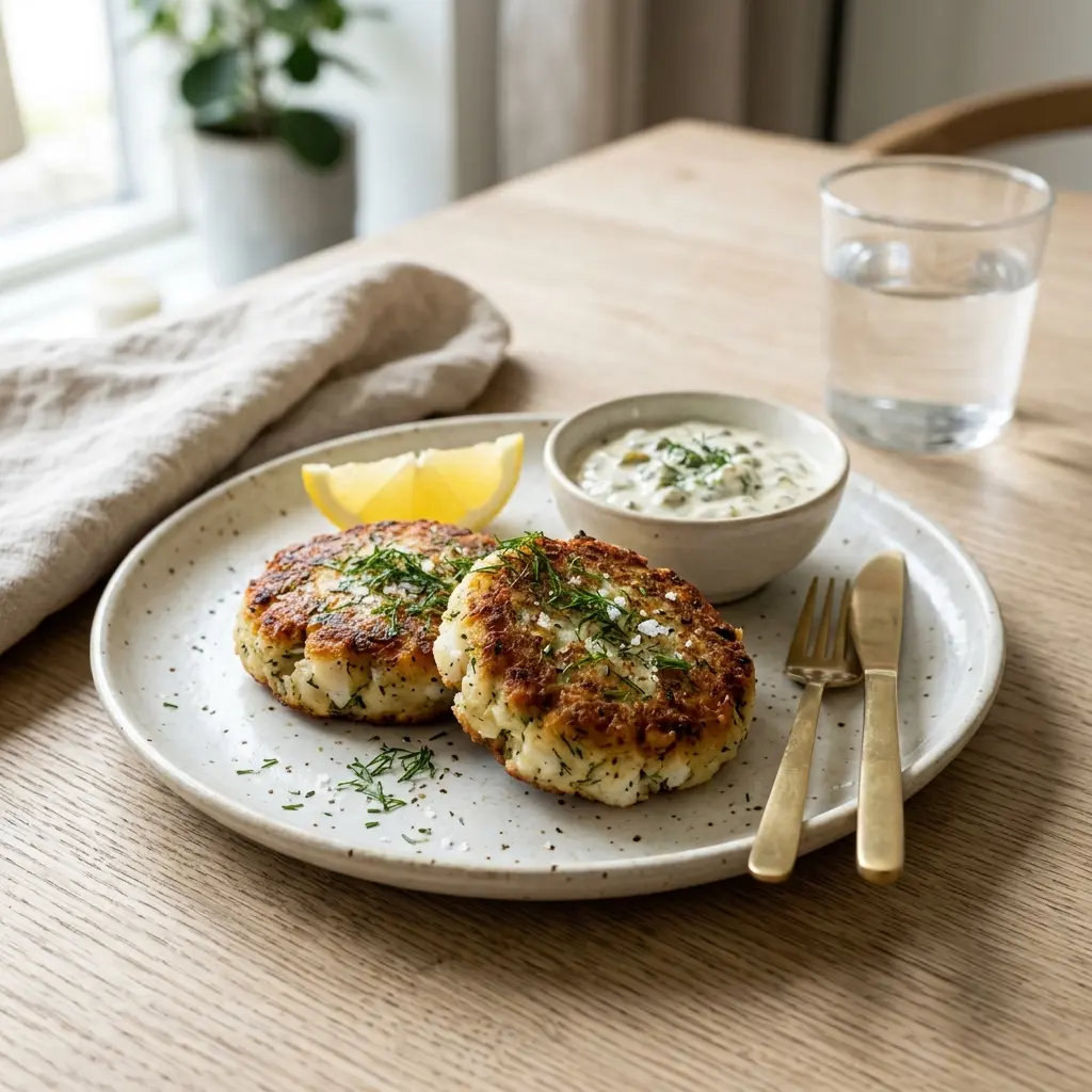Valmis fishcakes tarjoiltuna herkullisesti kotikeittiön tapaan