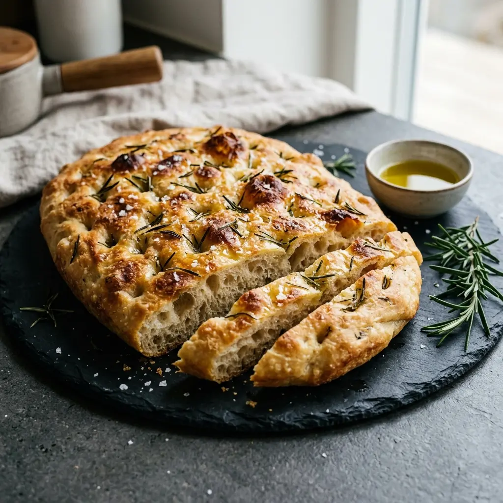 Tuore focaccia rosmariinilla tarjoiltuna ja valmiina nautittavaksi