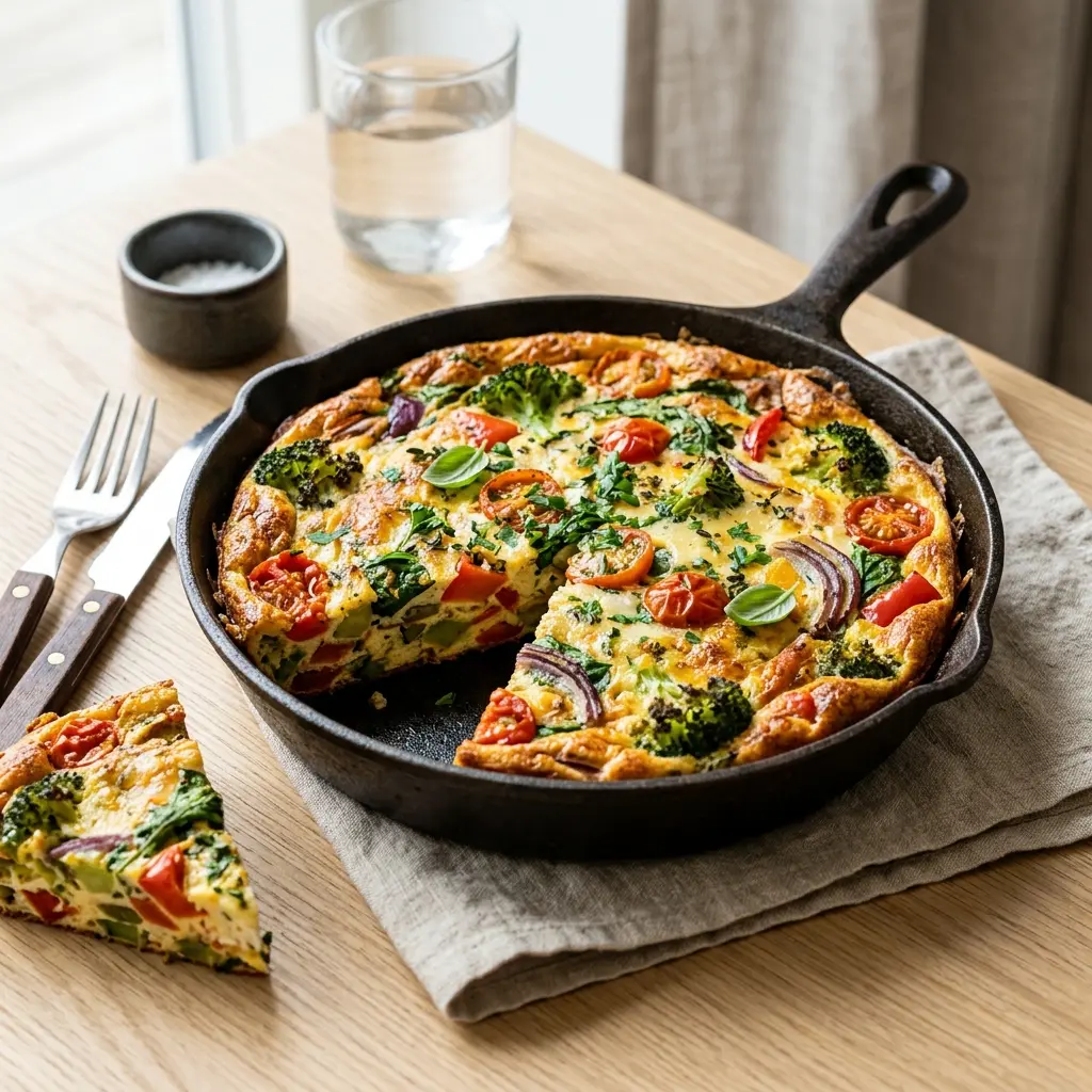 Valmis frittata kasviksilla tarjoiltuna herkullisesti kotikeittiön tapaan