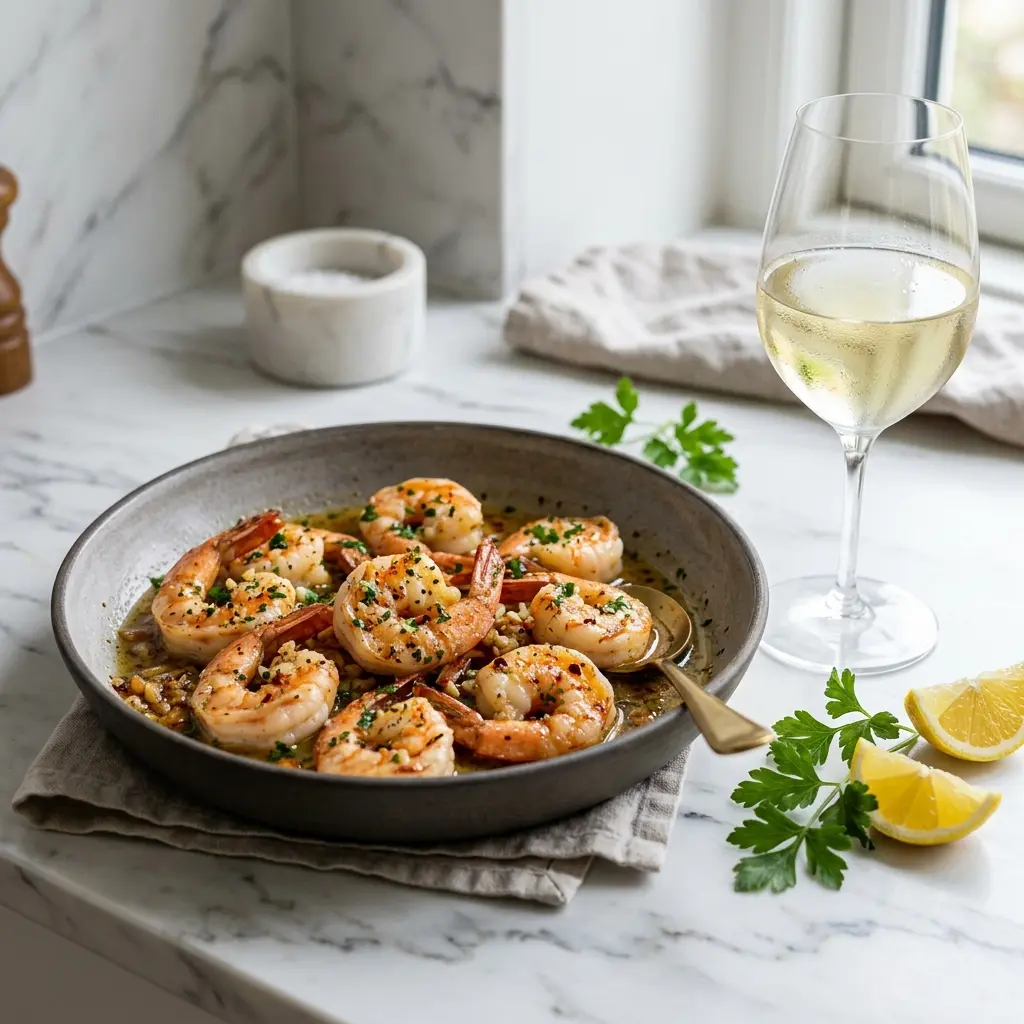 Valmis garlic butter shrimp tarjoiltuna herkullisesti kotikeittiön tapaan