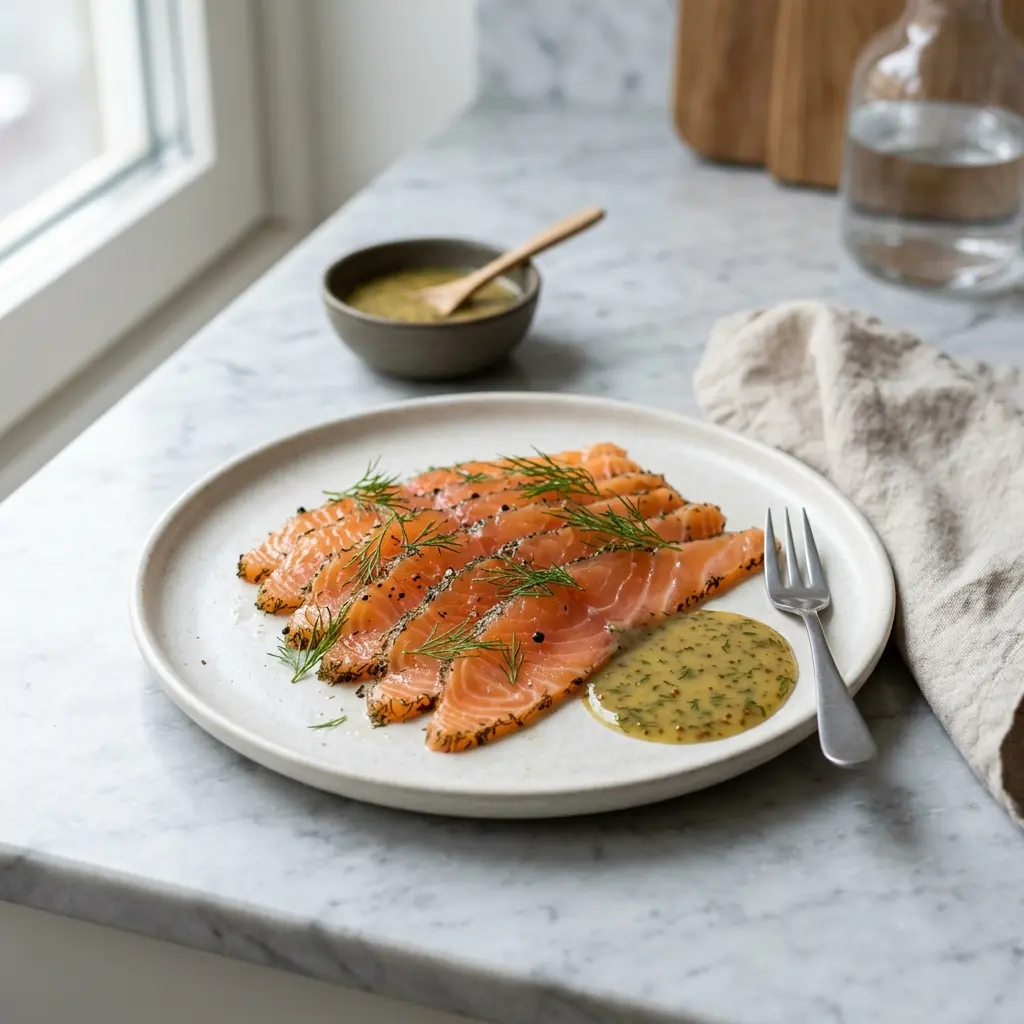 Valmis graavilohi tarjoiltuna herkullisesti kotikeittiön tapaan