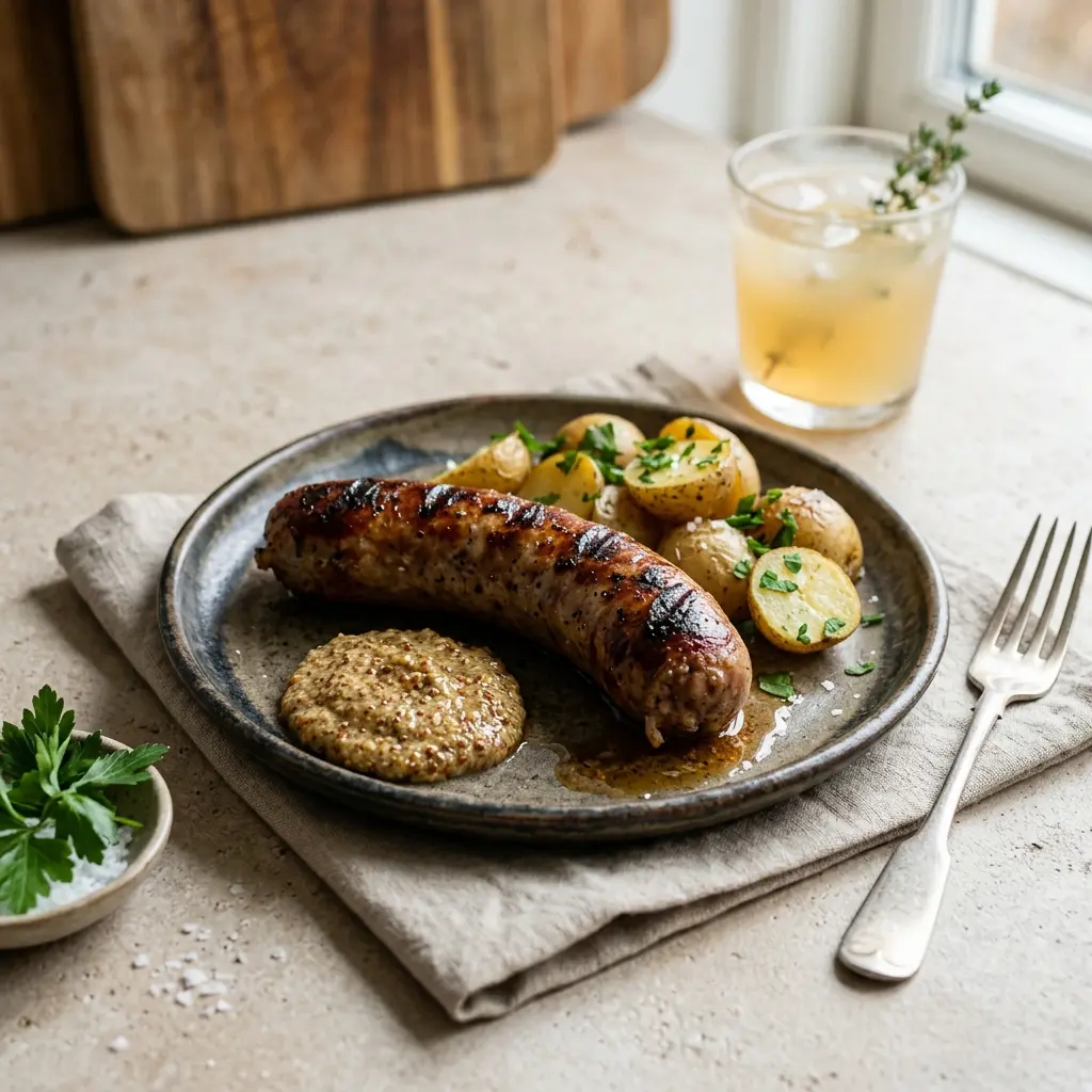 Valmis grillattu medistermakkara tarjoiltuna herkullisesti kotikeittiön tapaan