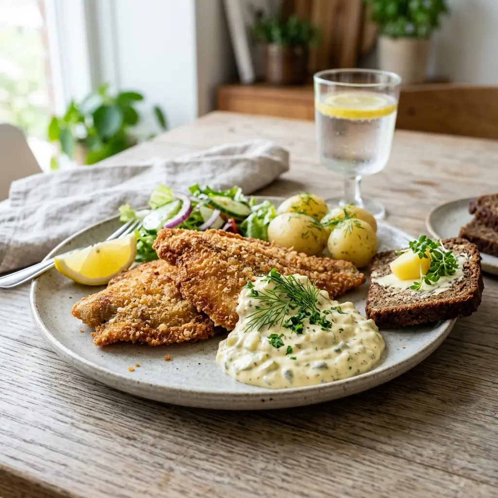 Valmis kalafilee remouladekastikkeella tarjoiltuna herkullisesti kotikeittiön tapaan