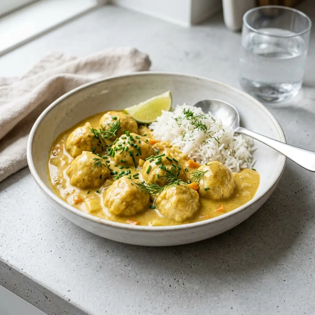 Valmis kalapullat curryssa tarjoiltuna herkullisesti kotikeittiön tapaan