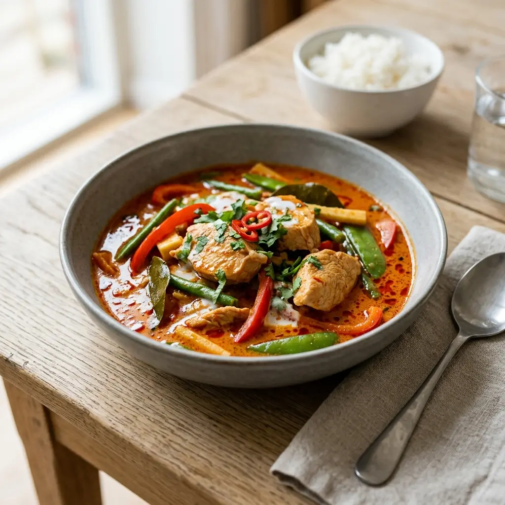 Valmis kalkkuna punaisessa curryssa tarjoiltuna herkullisesti kotikeittiön tapaan