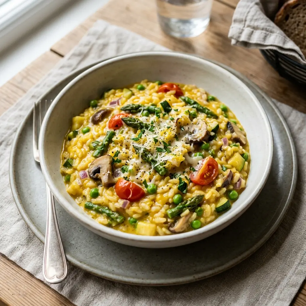 Valmis kasvisrisotto tarjoiltuna herkullisesti kotikeittiön tapaan