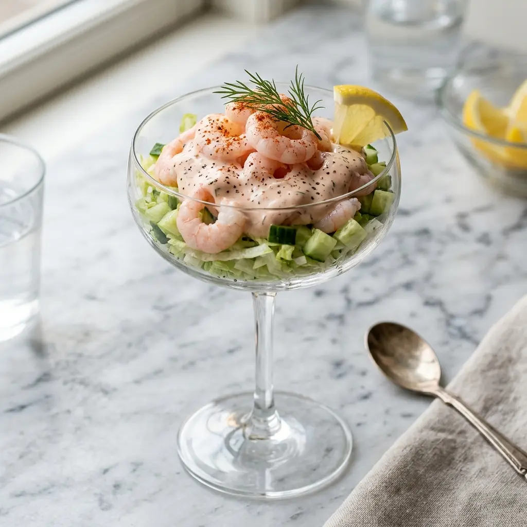 Klassinen katkarapucocktail tarjoiltuna valmiina annoksena