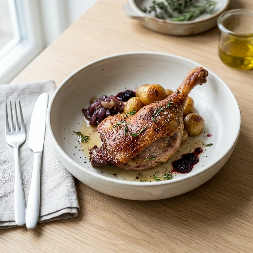 Valmis kotitekoinen confit ankankoivista tarjoiltuna herkullisesti kotikeittiön tapaan