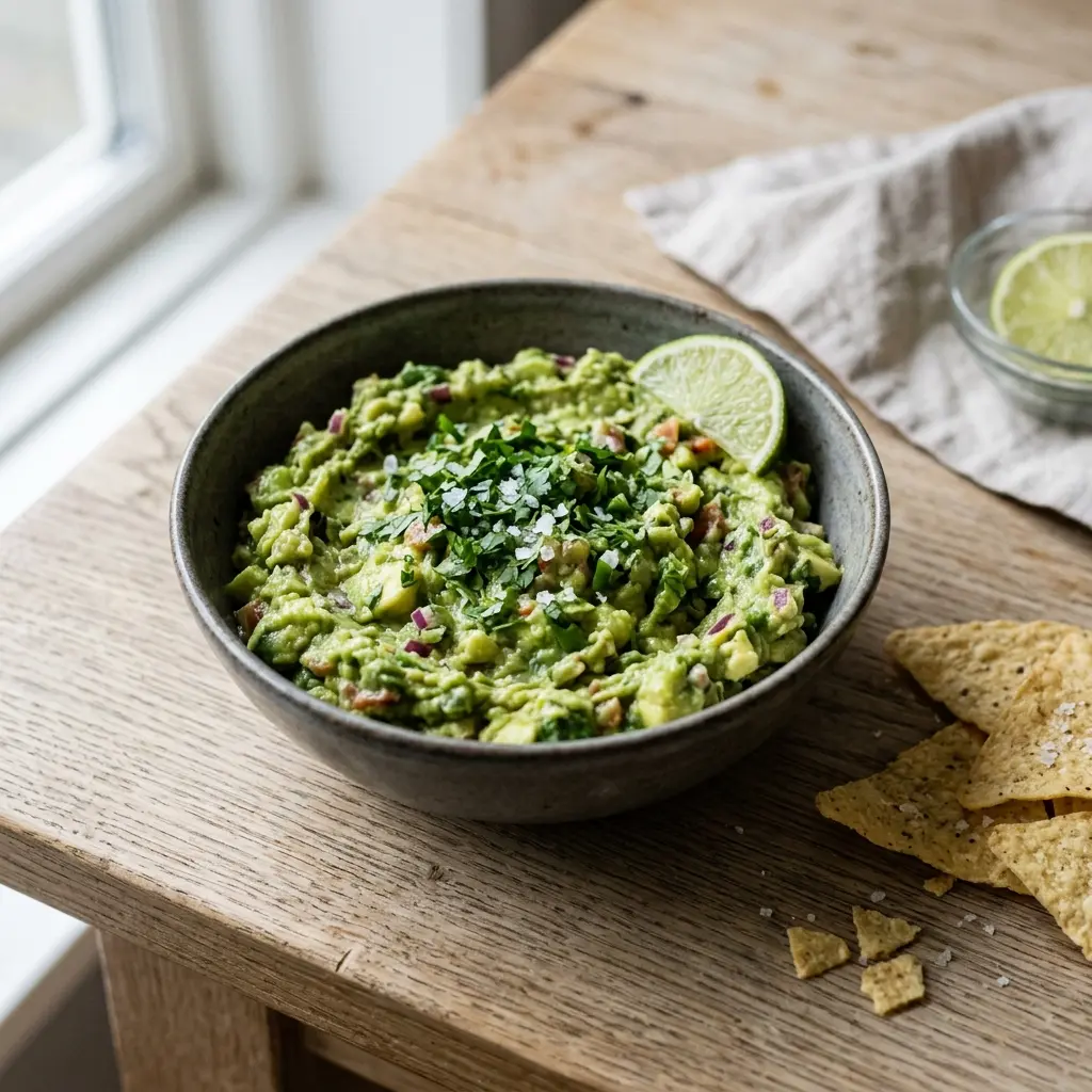 Valmis kotitekoinen guacamole tarjoiltuna herkullisesti kotikeittiön tapaan