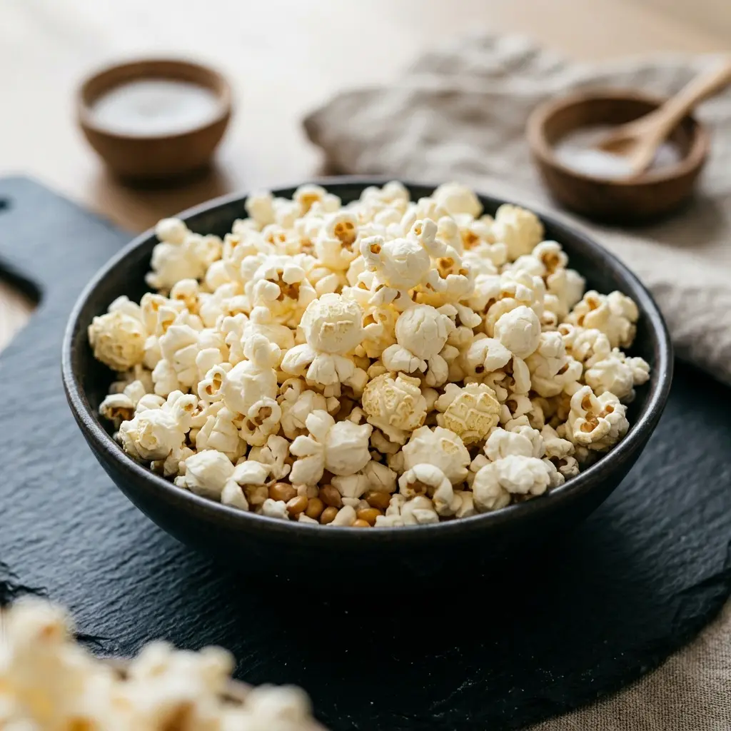 Valmis kotitekoinen popcorn tarjoiltuna herkullisesti kotikeittiön tapaan