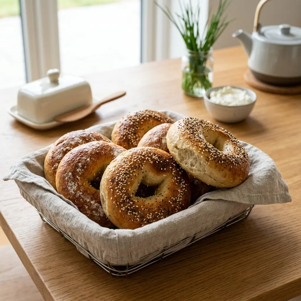 Valmis kotitekoiset bagelit tarjoiltuna herkullisesti kotikeittiön tapaan