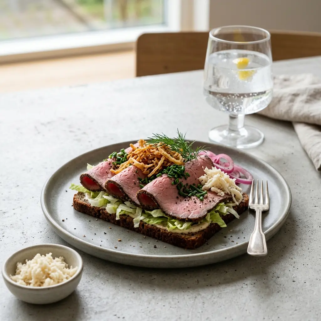 Valmis kylmä roastbeef lounaaksi tarjoiltuna herkullisesti kotikeittiön tapaan