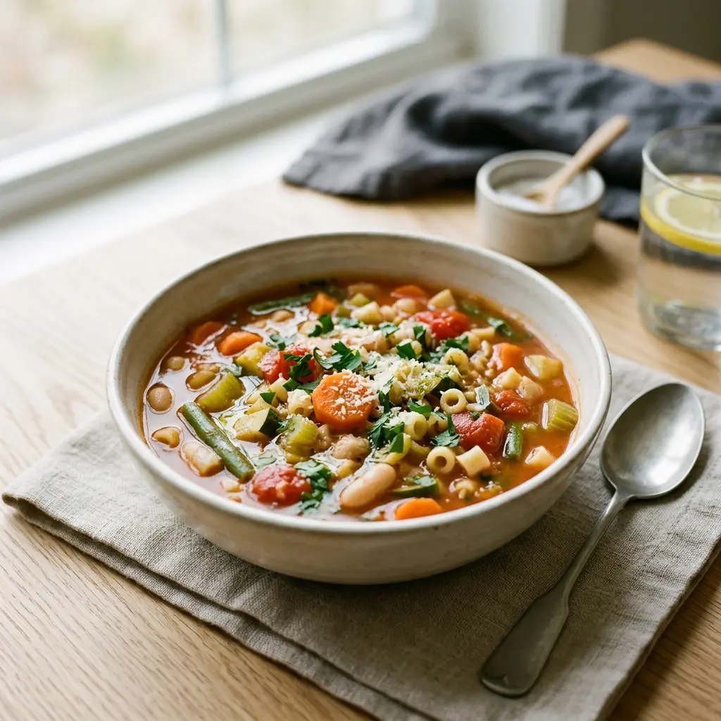 Valmis minestrone tarjoiltuna herkullisesti kotikeittiön tapaan