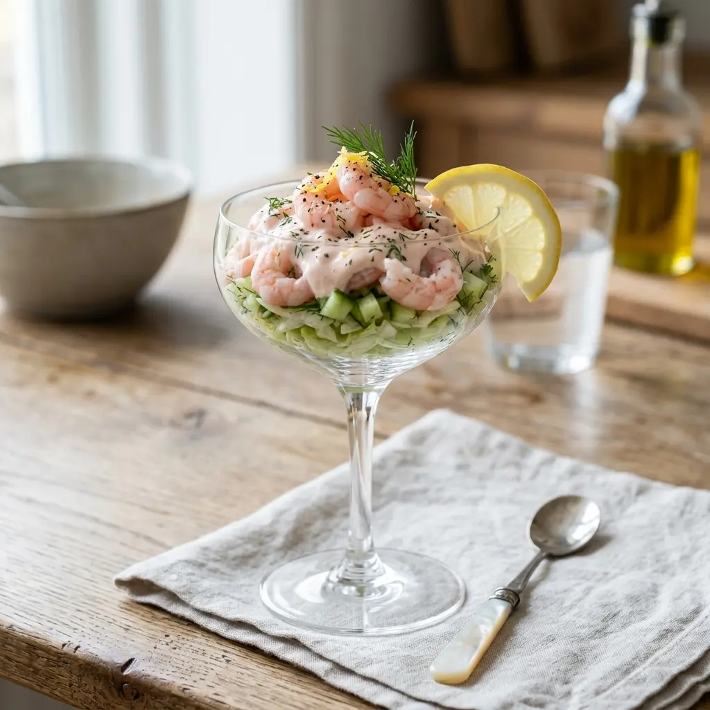 Moderni katkarapucocktail tarjoiltuna valmiina annoksena
