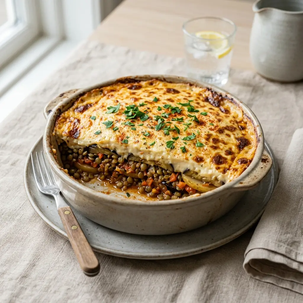Valmis moussaka linsseillä tarjoiltuna herkullisesti kotikeittiön tapaan