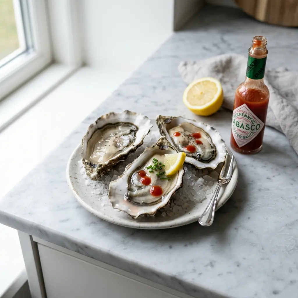 Valmis osterit tabascolla tarjoiltuna herkullisesti kotikeittiön tapaan