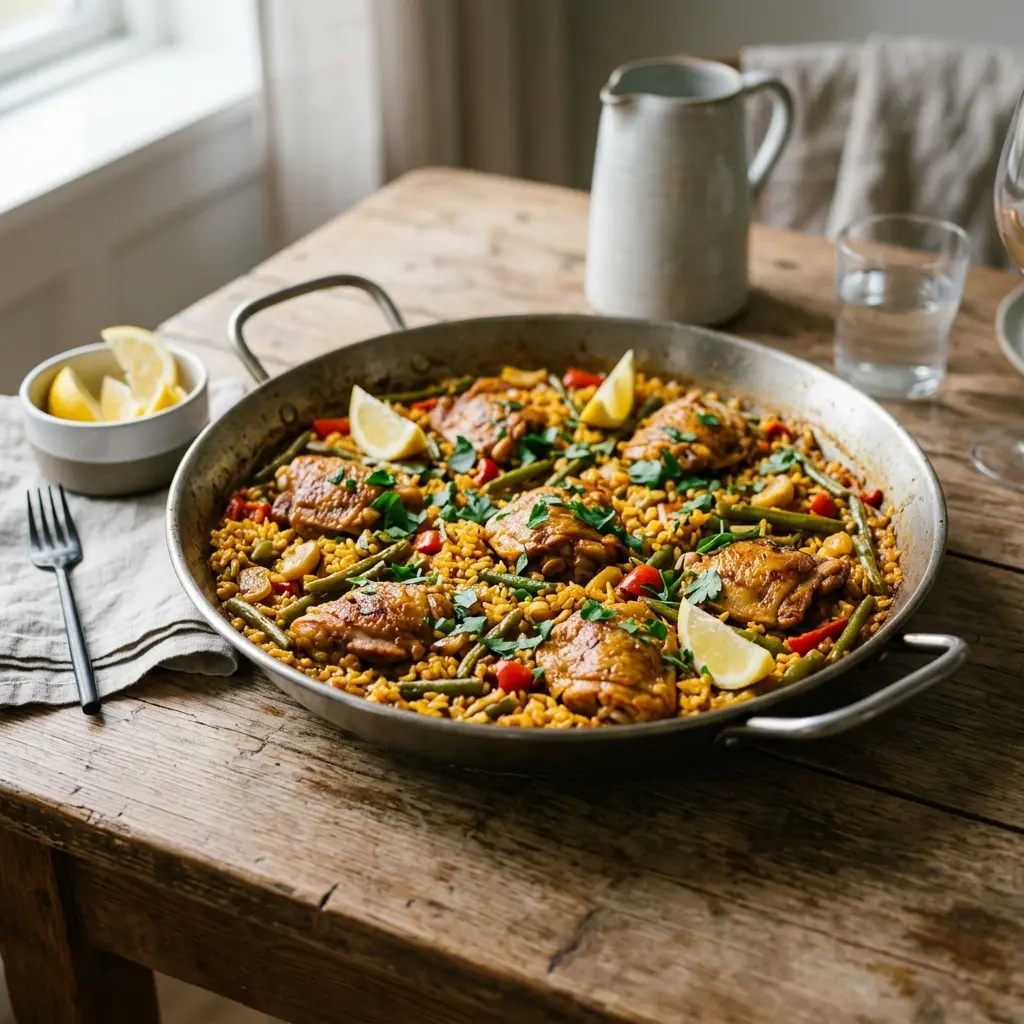 Valmis paella kanalla tarjoiltuna herkullisesti kotikeittiön tapaan