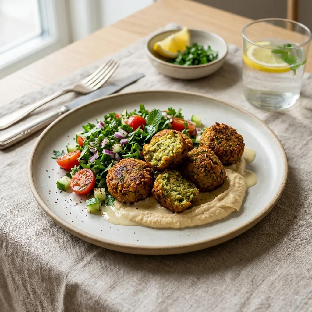 Valmis paistettu falafel tarjoiltuna herkullisesti kotikeittiön tapaan