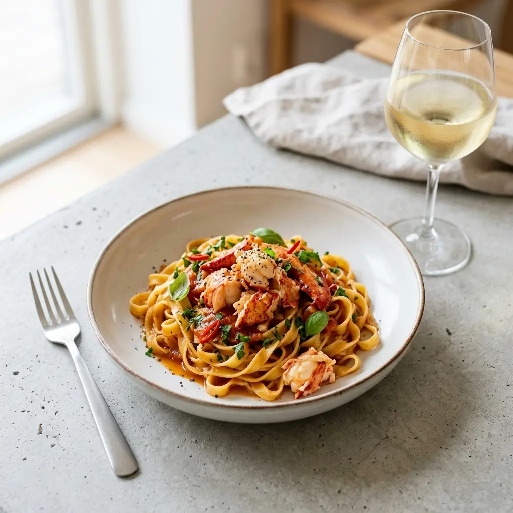 Valmis pasta hummerilla tarjoiltuna herkullisesti kotikeittiön tapaan