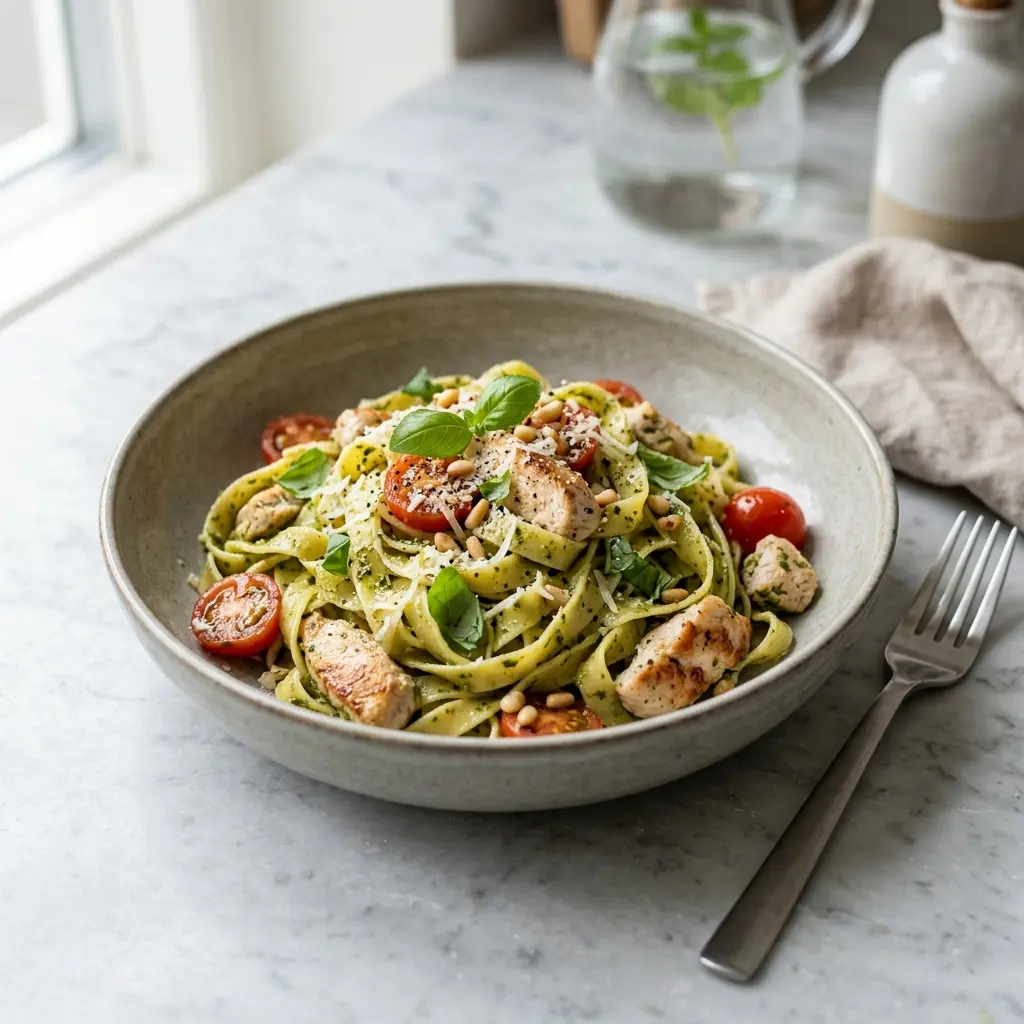 Pasta kanalla ja pestolla tarjoiltuna valmiina annoksena