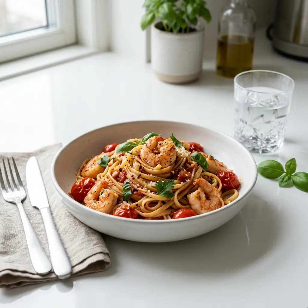 Valmis pasta katkaravuilla ja tomaatilla tarjoiltuna herkullisesti kotikeittiön tapaan