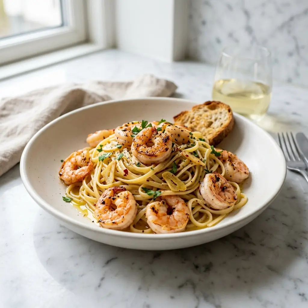 Valmis pasta katkaravuilla ja valkosipulilla tarjoiltuna herkullisesti kotikeittiön tapaan